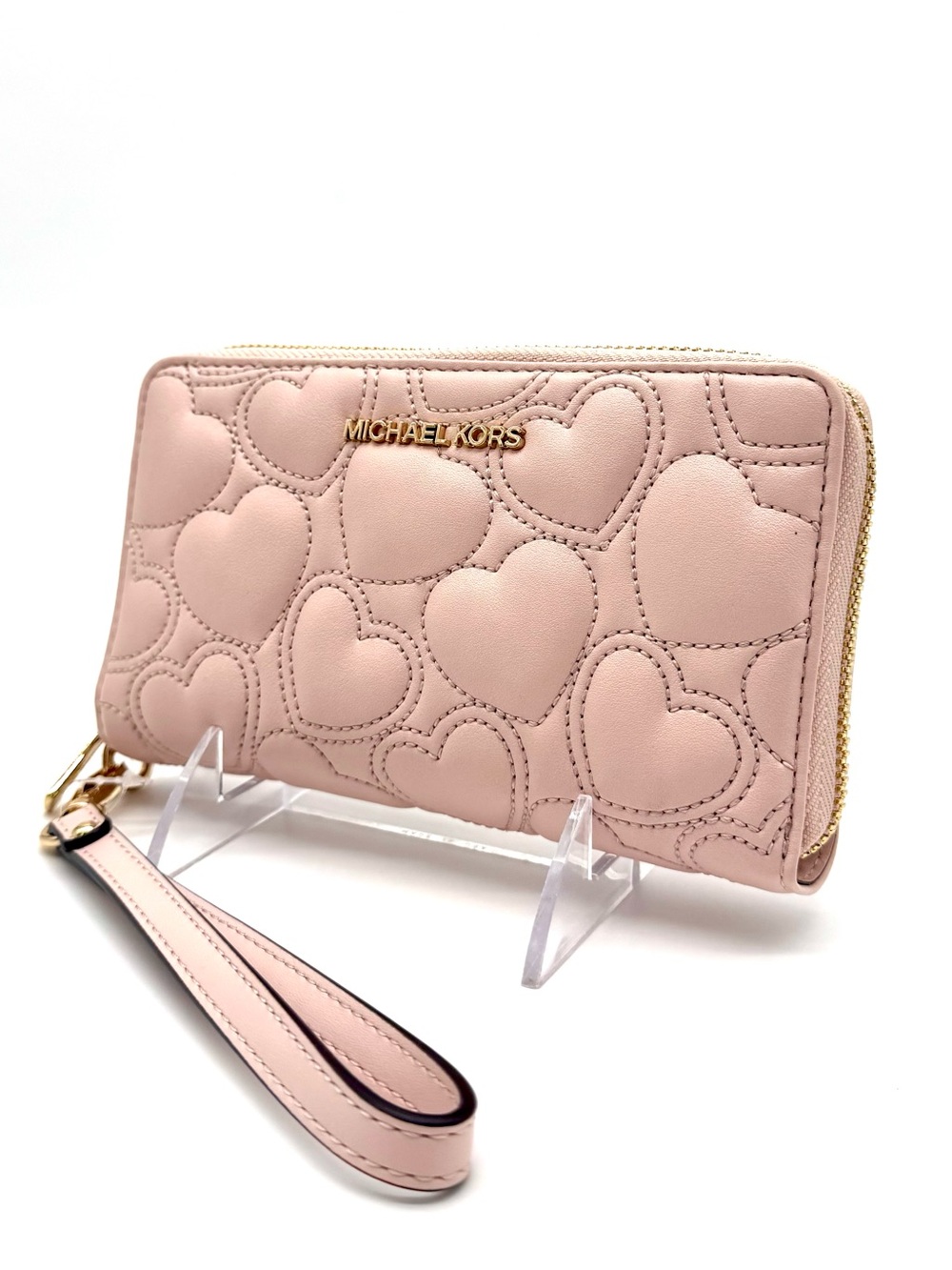 Michael Kors Large Quilted Heart Flat MF Phone Case Wallet Powder Blush